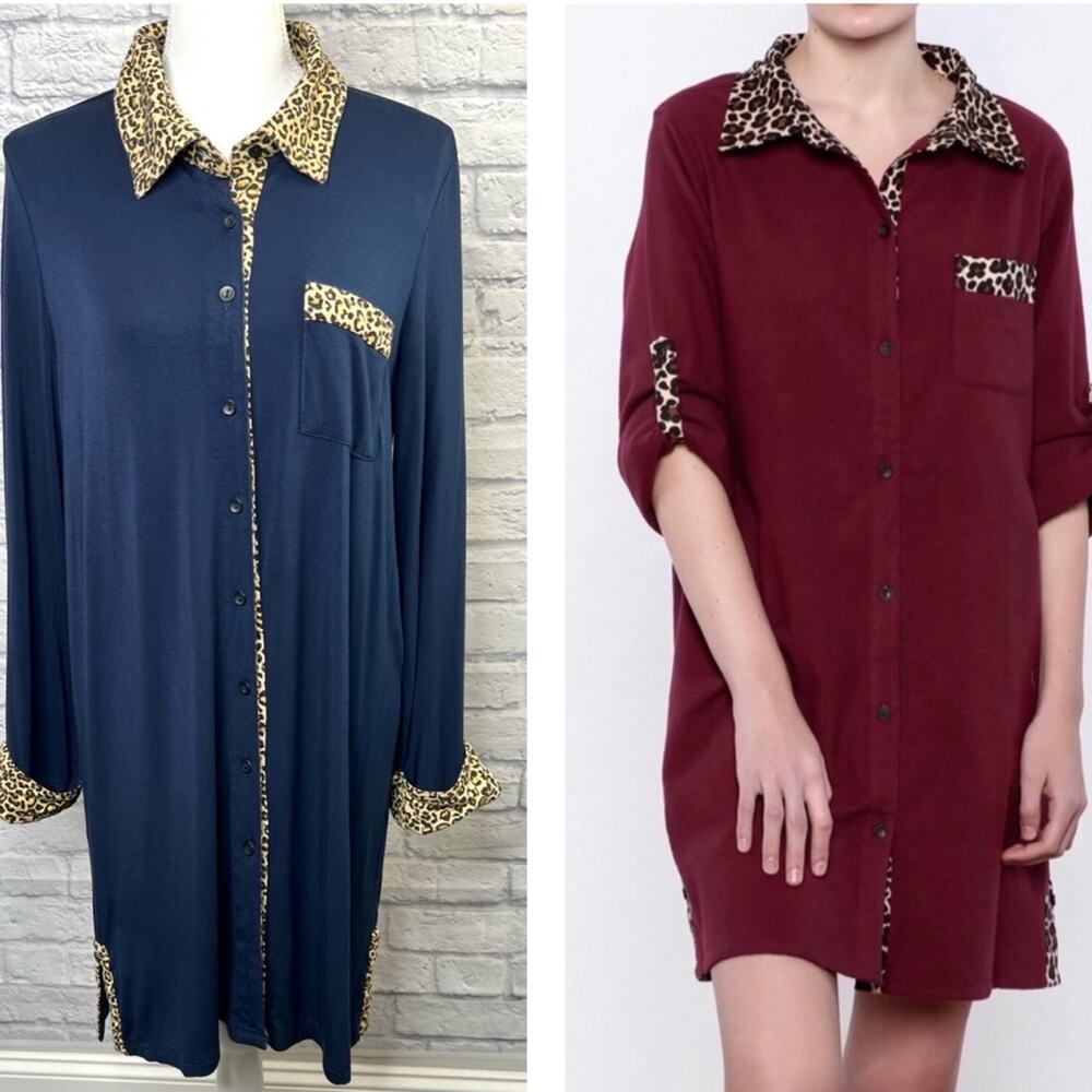 Simply Noelle Navy Cheetah Trim Roll Tab Sleeve Sleep Shirt Nightgown Size M